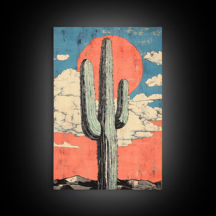 Tall Saguaro Cactus With Coral Desert Sun Wall Art, Southwestern Canvas Print, Boho Western Decor, Arizona Landscape Art