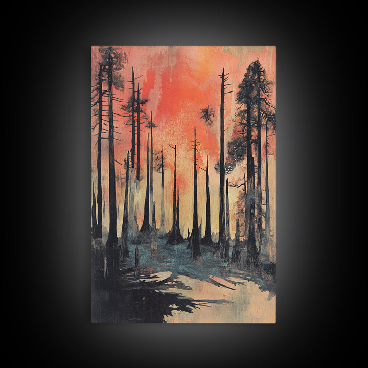 Misty Burnt Pine Forest At Coral Sunset Wall Art, Moody Landscape Canvas Print, Rustic Nature Decor, Dramatic Woodland Art