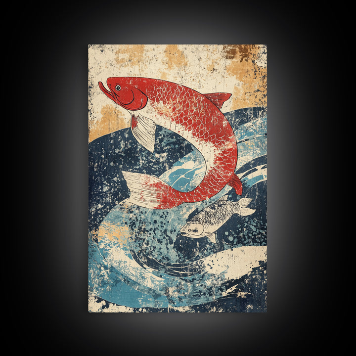 Red Koi Fish Swimming Through Blue Waves Wall Art, Japanese Canvas Print, Coastal Animal Decor, Feng Shui Living Room Art