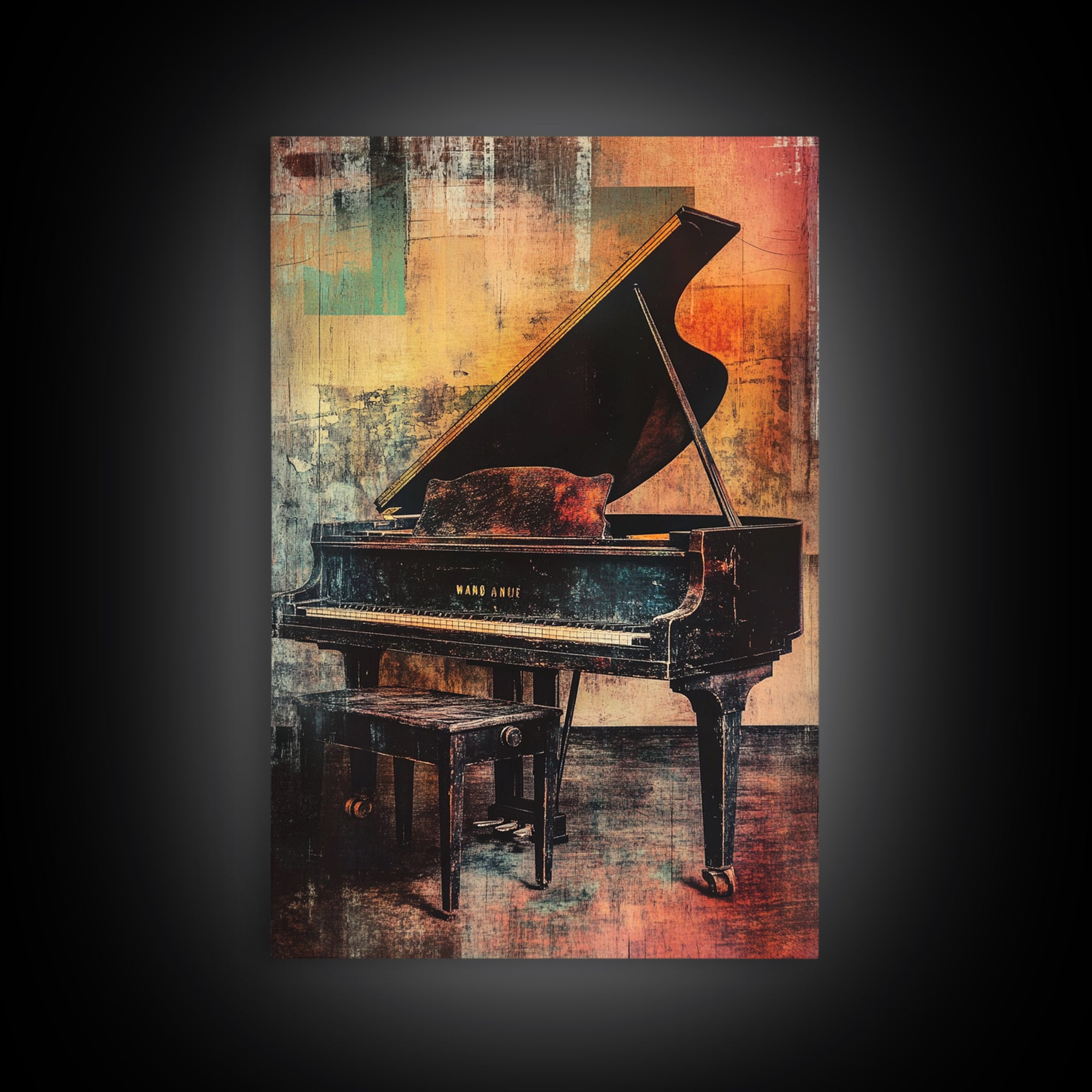 Moody Grand Piano In Warm Abstract Studio Canvas Print, Music Room Decor, Jazz Art Print, Modern Wall Art, Gift For Music Lover
