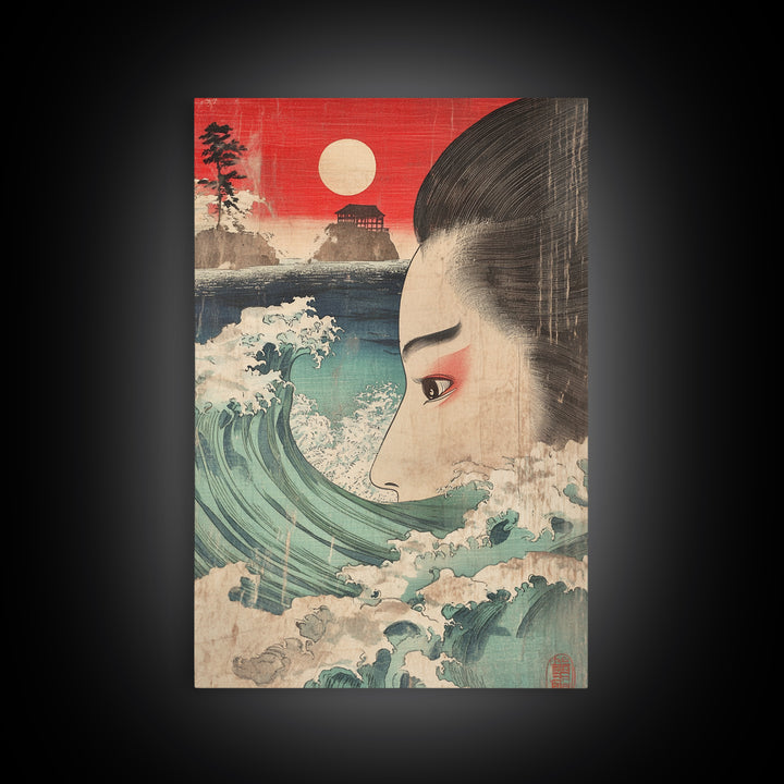 Ukiyo E Woman Face With Ocean Wave Canvas Print, Japanese Wall Art, Coastal Decor, Asian Inspired Art, Living Room Decor