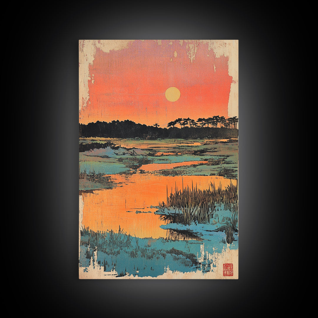 Serene Marsh Sunset Over Blue Wetlands Wall Art, Japanese Landscape Print, Nature Wall Decor, Coastal Home Decor, Zen Gift
