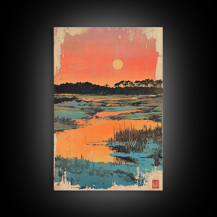 Serene Marsh Sunset Over Blue Wetlands Wall Art, Japanese Landscape Print, Nature Wall Decor, Coastal Home Decor, Zen Gift