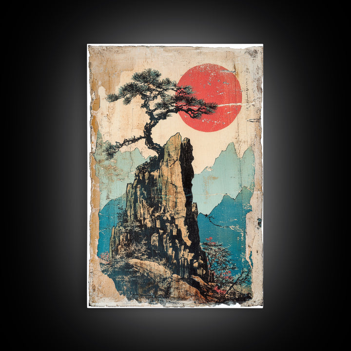 Lone Pine On Rocky Mountain Peak Canvas Print, Asian Landscape Wall Art, Japandi Decor, Nature Wall Decor, Zen Home Gift