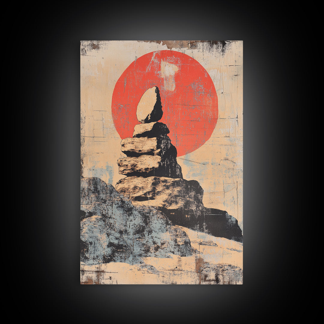 Balanced Zen Stones Before Red Sun Wall Art, Wabi Sabi Decor, Meditation Room Print, Minimalist Japanese Home Decor Gift