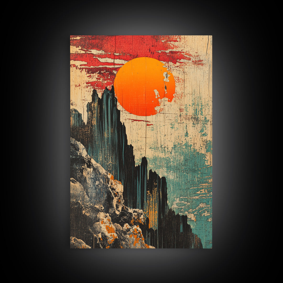 Dramatic Japanese Mountain Sun Canvas Print, Abstract Landscape Art, Modern Wall Decor, Japandi Wall Art, Living Room Decor