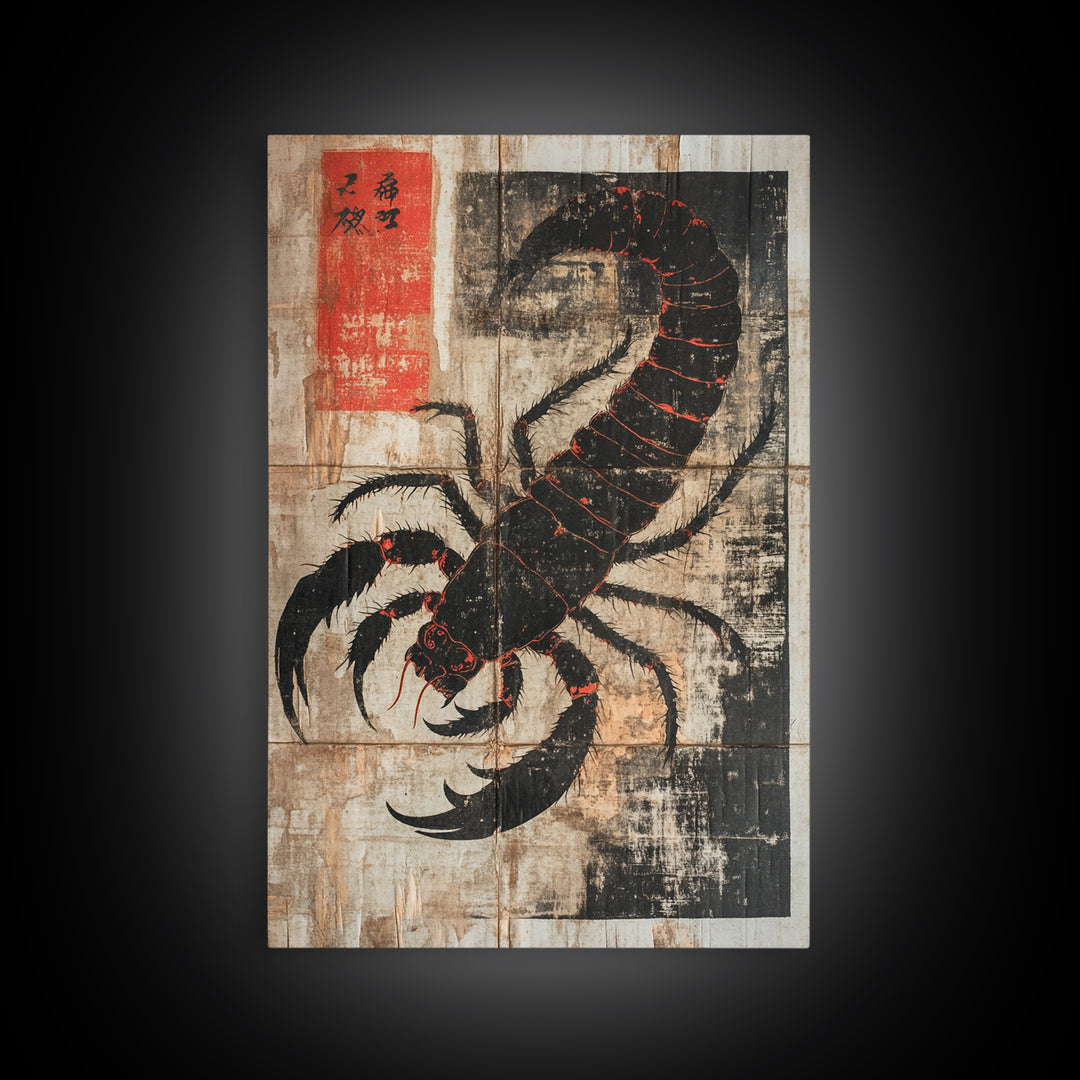 Black Scorpion Japanese Framed Canvas Print, Gothic Wall Art, Dark Academia Decor, Animal Art Print, Unique Gift For Him