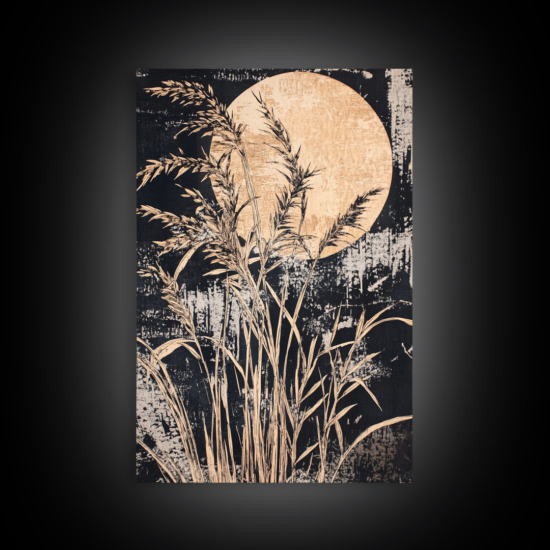 Moonlit Pampas Grass Canvas Print, Botanical Wall Art, Black And White Art, Neutral Wall Decor, Japandi Decor, Bedroom Art