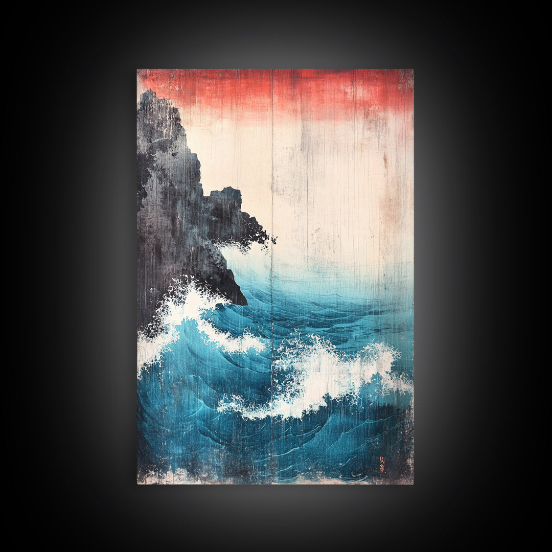 Dramatic Blue Wave And Cliff Canvas Print, Japanese Seascape Wall Decor, Coastal Ocean Art For Living Room Decor, Beach House Gift