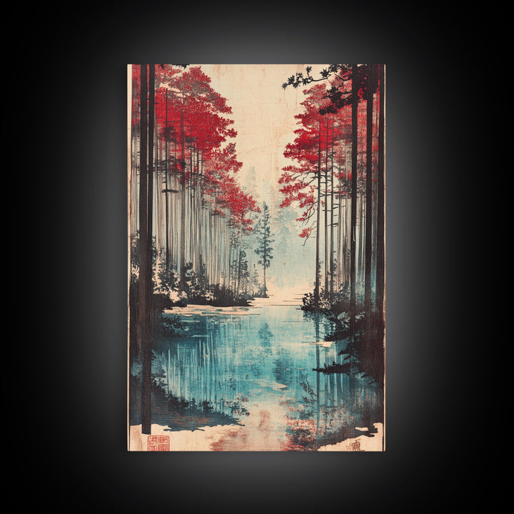Red Pine Forest Lake Wall Art, Japanese Landscape Print, Moody Nature Wall Decor, Large Living Room Canvas Decor For Home