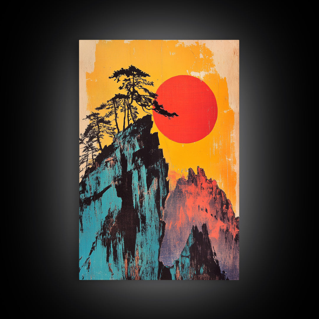 Bold Red Sun Mountain Cliff Wall Art, Japanese Landscape Print, Retro Travel Poster, Statement Living Room Decor Gift For Him