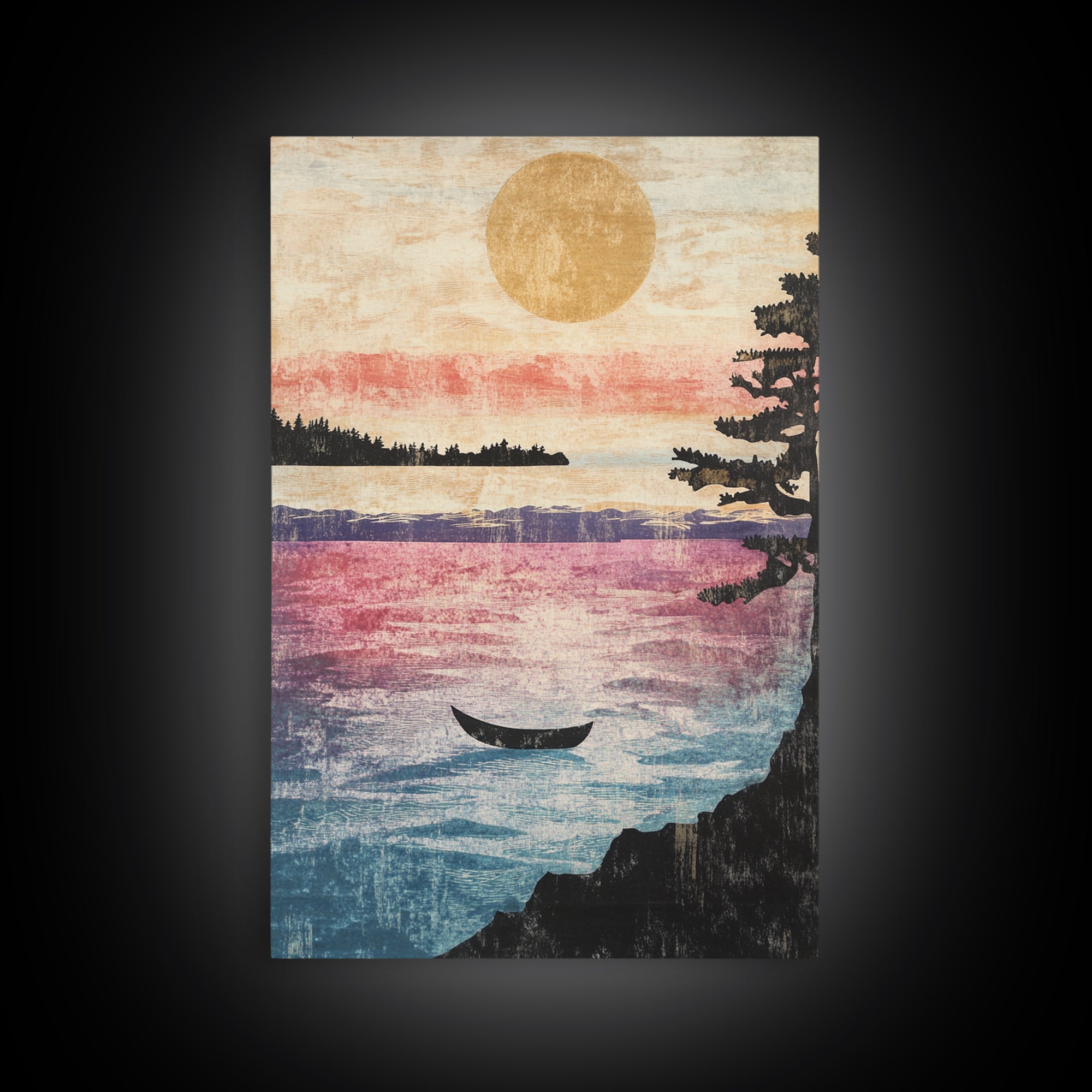 Golden Sunset Canoe On Quiet Lake Wall Art, Japandi Landscape Print, Coastal Cabin Decor, Serene Living Room Canvas Home Decor