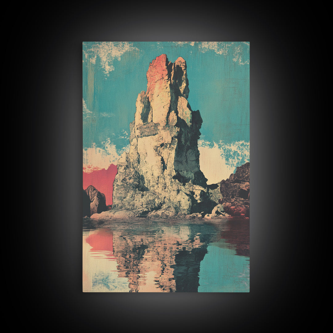 Turquoise Sea Stack Island At Sunset Wall Art, Retro Coastal Landscape Print, Ocean Rock Nature Decor, Modern Beach House