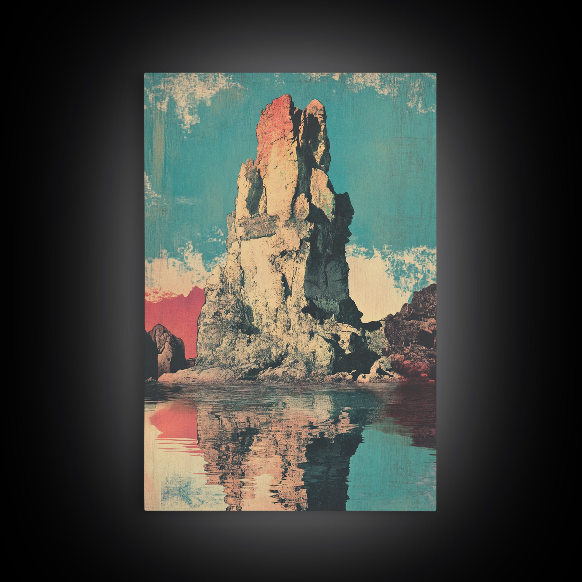 Turquoise Sea Stack Island At Sunset Wall Art, Retro Coastal Landscape Print, Ocean Rock Nature Decor, Modern Beach House