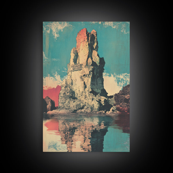 Turquoise Sea Stack Island At Sunset Wall Art, Retro Coastal Landscape Print, Ocean Rock Nature Decor, Modern Beach House