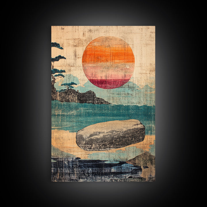 Floating Stone Over Teal Water At Sunset Canvas Print, Japandi Zen Wall Art, Minimalist Coastal Decor, Meditation Room Art