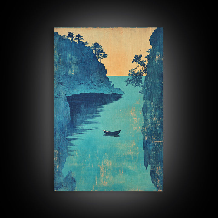 Blue Coastal Canyon Boat Wall Art, Japanese Seascape Print, Nautical Home Decor, Serene Ocean Landscape Living Room Art Print