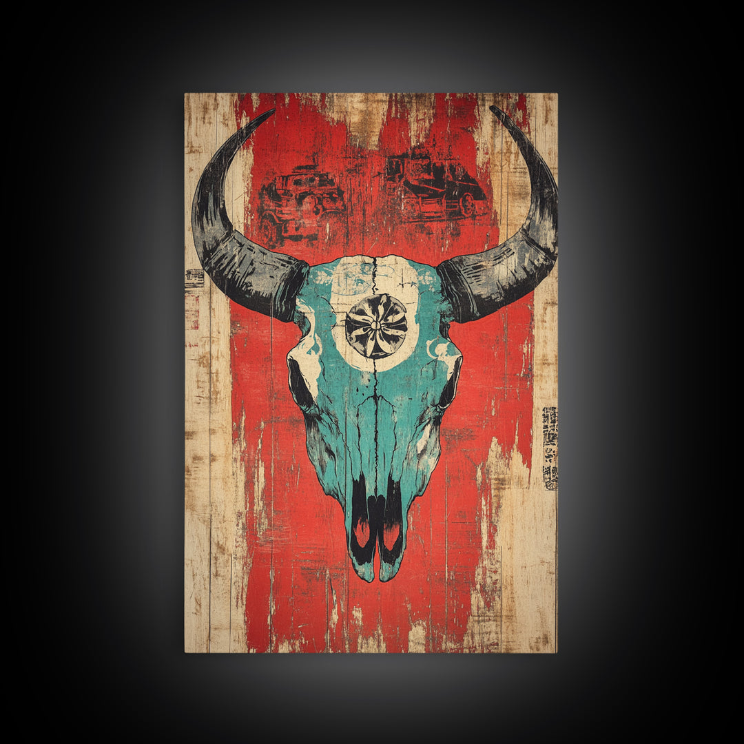 Turquoise Bull Skull On Red Rustic Wood Wall Art, Western Wall Decor, Southwestern Canvas, Tribal Home Decor For Living Room