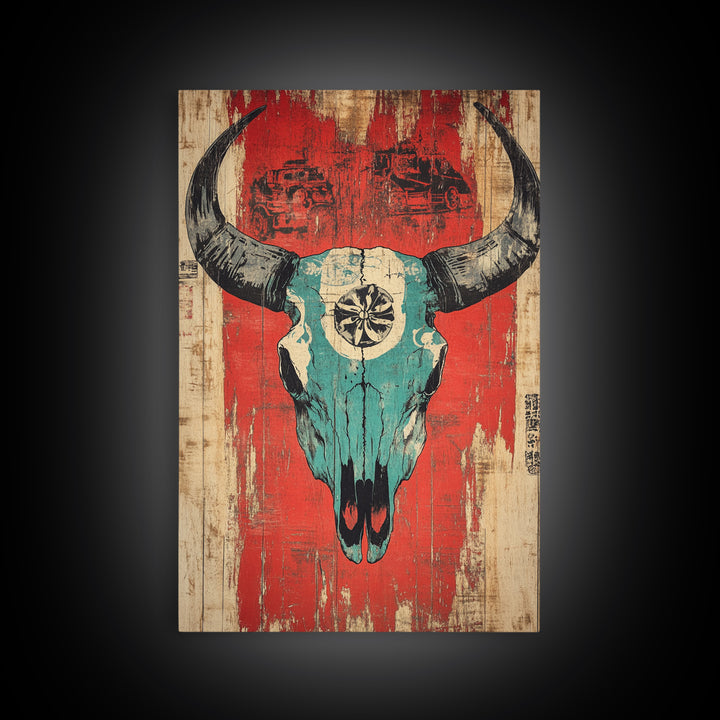 Turquoise Bull Skull On Red Rustic Wood Wall Art, Western Wall Decor, Southwestern Canvas, Tribal Home Decor For Living Room