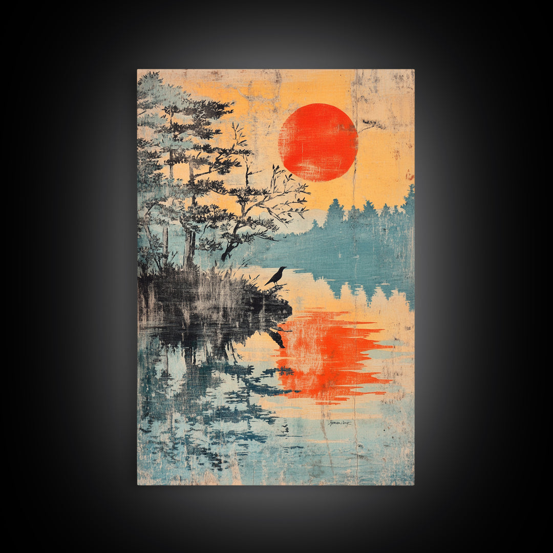 Red Sun Over Pine Lake Reflection Wall Art, Japanese Wall Decor, Japandi Landscape Print, Serene Nature Canvas For Living Room