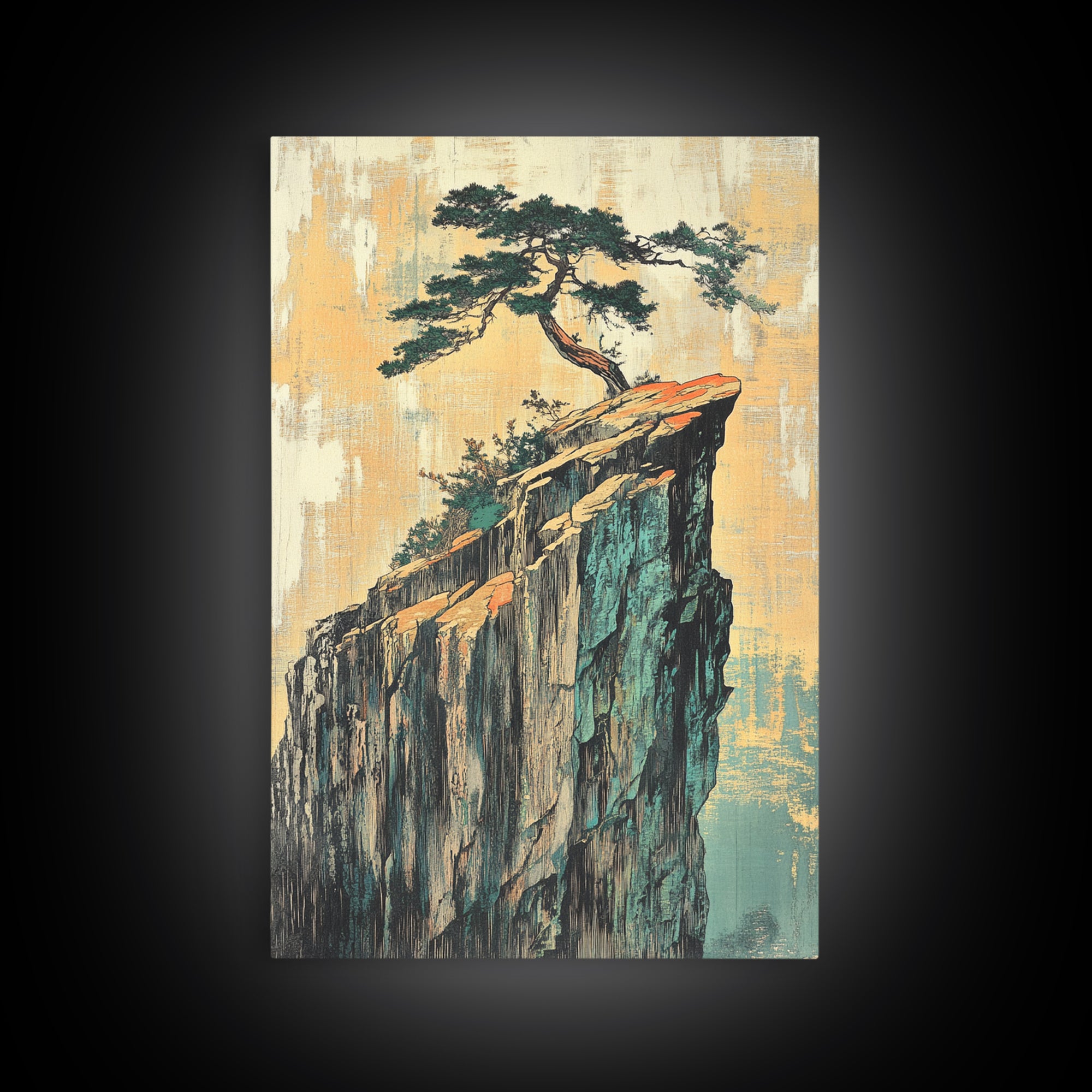 Lone Pine Tree On Sheer Cliff Wall Art, Japandi Landscape, Japanese Wall Decor, Serene Nature Canvas Print For Living Room