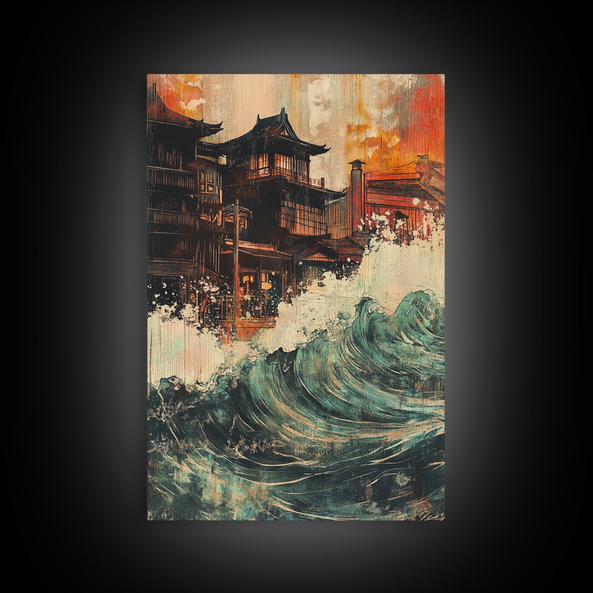 Japanese Pagoda Village With Crashing Wave Wall Art, Coastal Wall Decor, Asian Inspired Art, Dramatic Canvas Print For Living Room