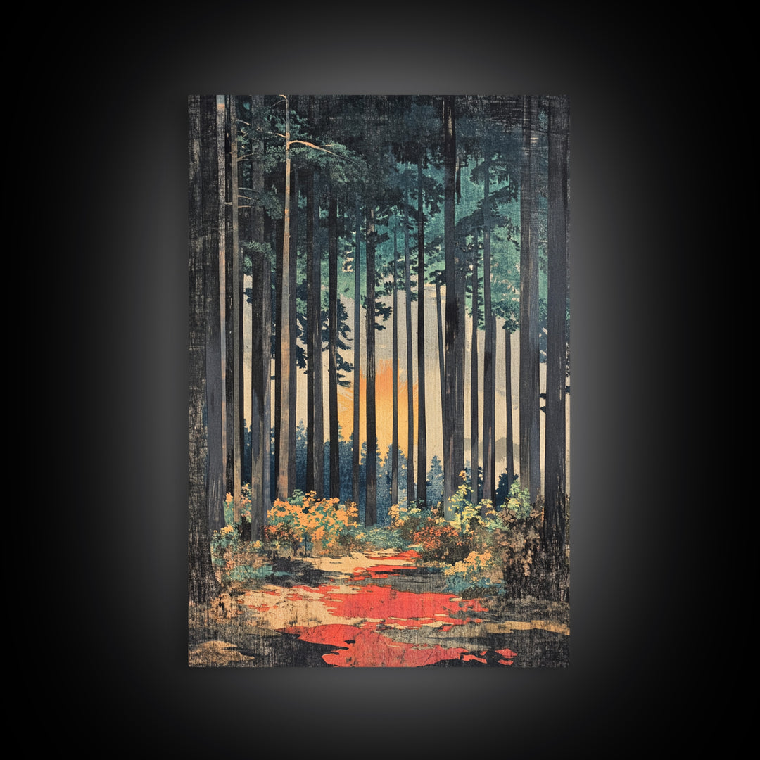 Tall Pine Forest Path At Sunset Wall Art, Nature Wall Decor, Moody Landscape Print, Woodland Canvas For Living Room Decor