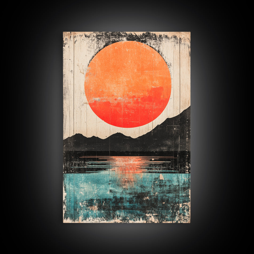 Giant Orange Sun Over Mountain Lake Wall Art, Japanese Wall Decor, Modern Landscape, Teal Canvas Print For Living Room Decor