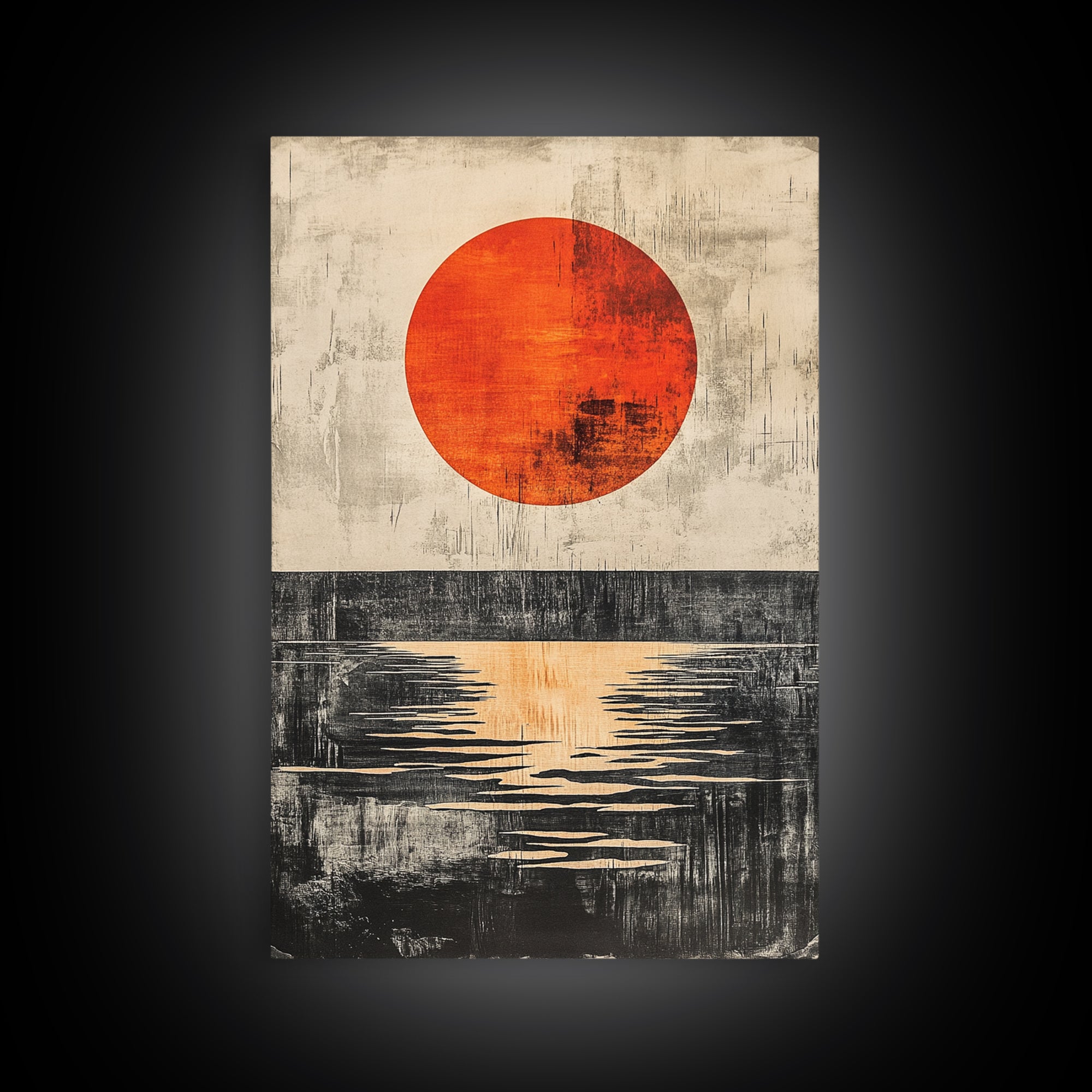 Minimal Red Sun Over Black Horizon Wall Art, Abstract Landscape Print, Japandi Wall Decor, Modern Canvas For Living Room