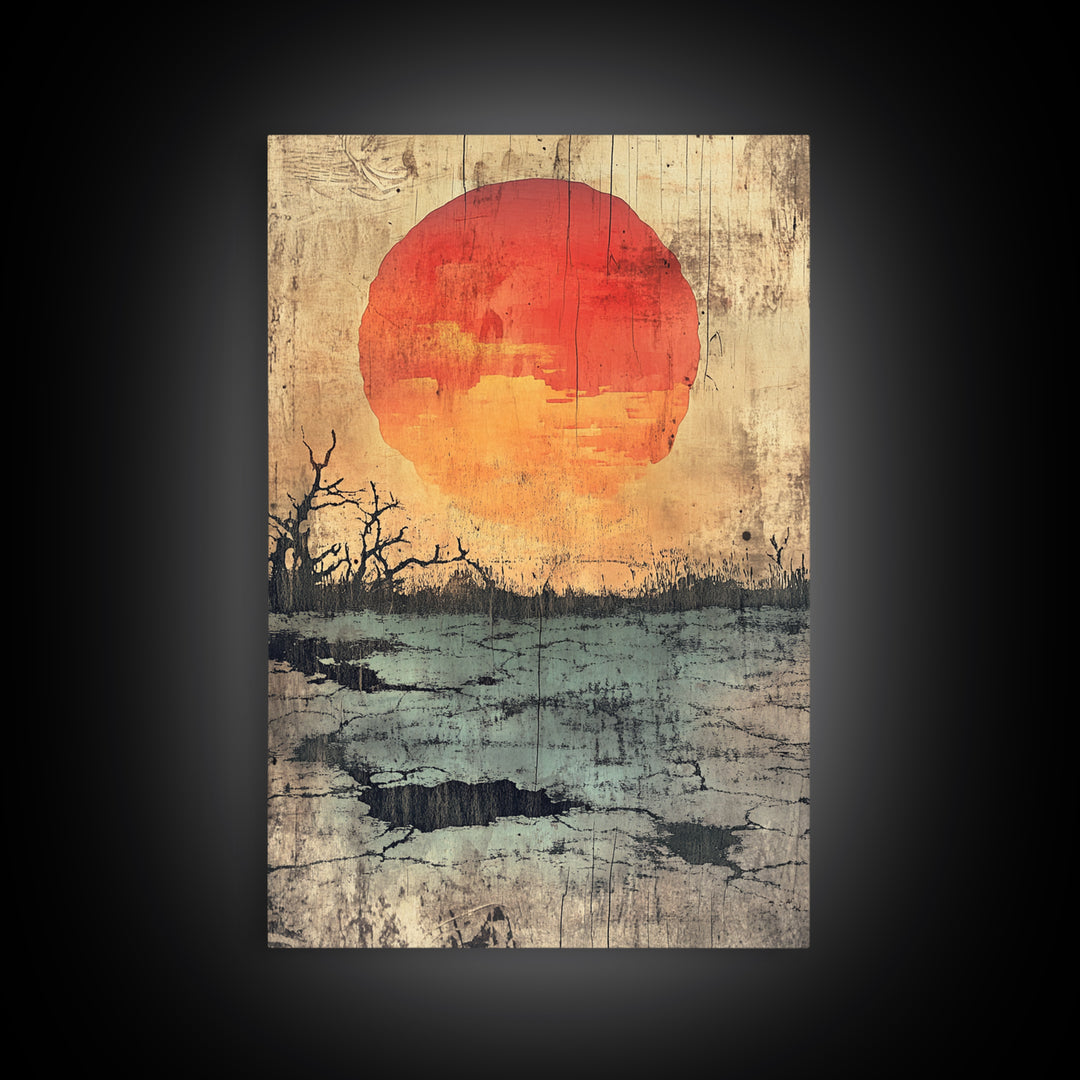 Large Orange Sun Over Barren Wetland Wall Art, Abstract Landscape, Moody Nature Print, Rustic Canvas For Living Room Decor