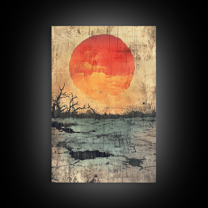 Large Orange Sun Over Barren Wetland Wall Art, Abstract Landscape, Moody Nature Print, Rustic Canvas For Living Room Decor