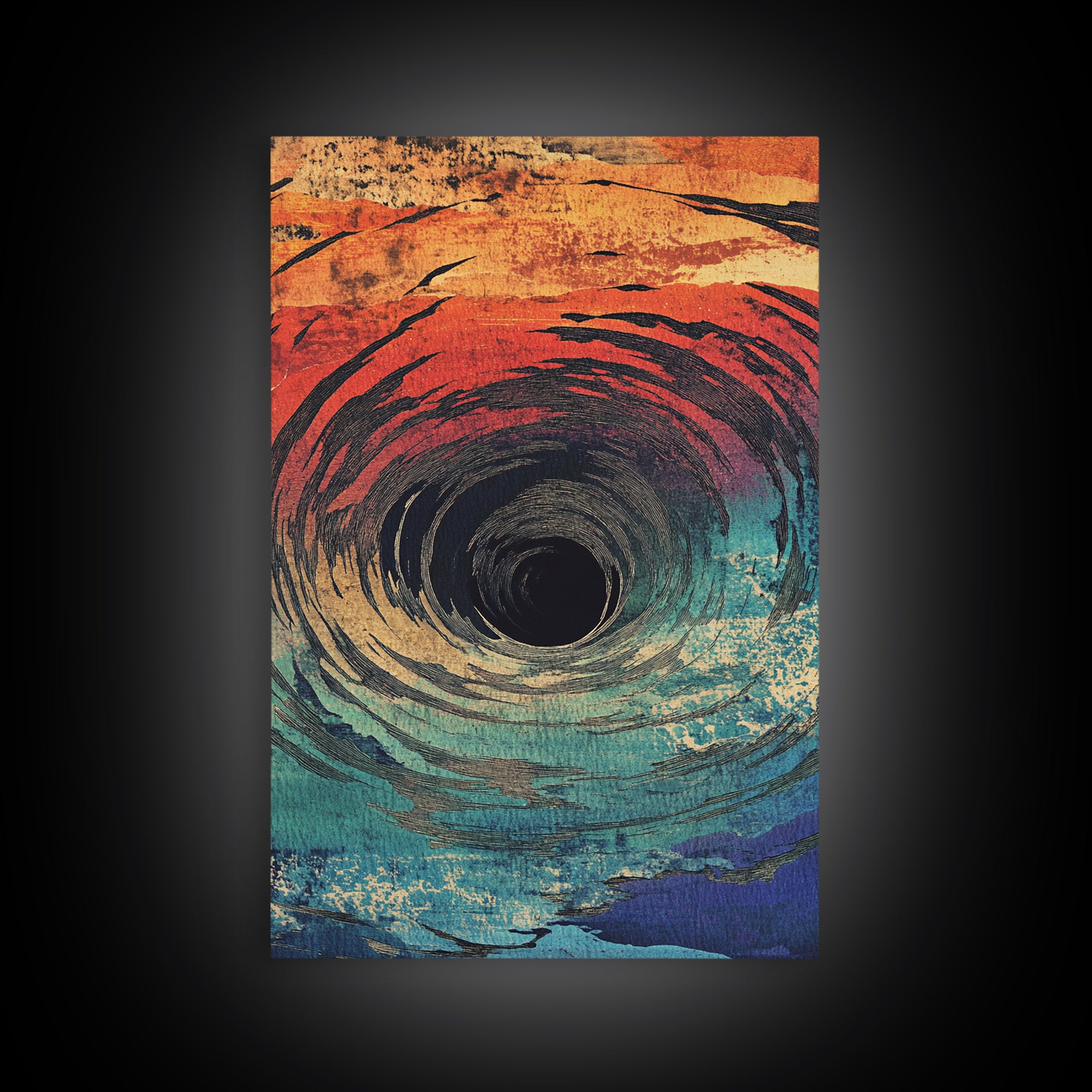 Abstract Ocean Vortex Wall Art, Teal Orange Whirlpool Print, Surreal Coastal Decor, Modern Statement Framed Canvas Print