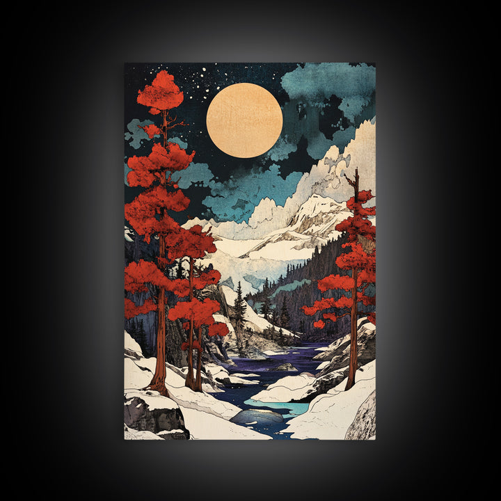 Full Moon Snowy Mountain Wall Art, Red Pine Japanese Landscape Canvas Print, Winter Forest Decor For Cabin Living Room Gift