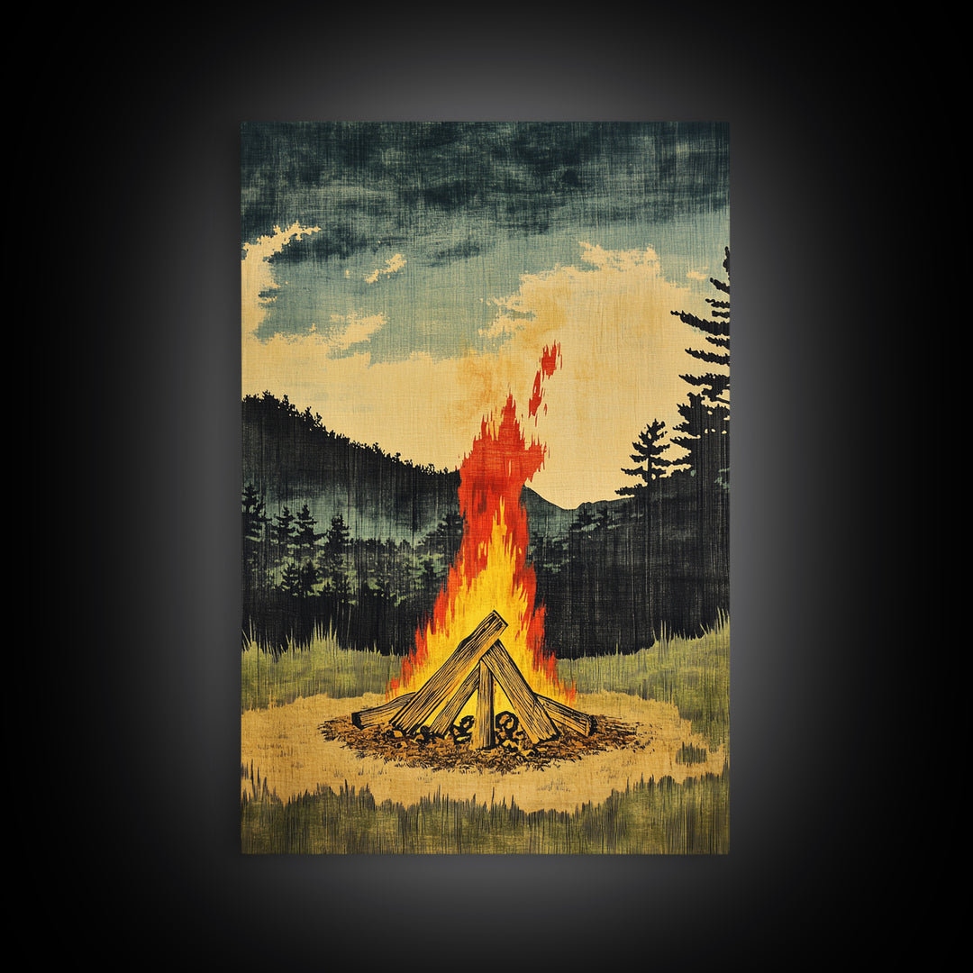 Forest Campfire At Dusk Wall Art, Rustic Cabin Landscape Canvas Print, Cozy Nature Decor For Man Cave Living Room Home Decor