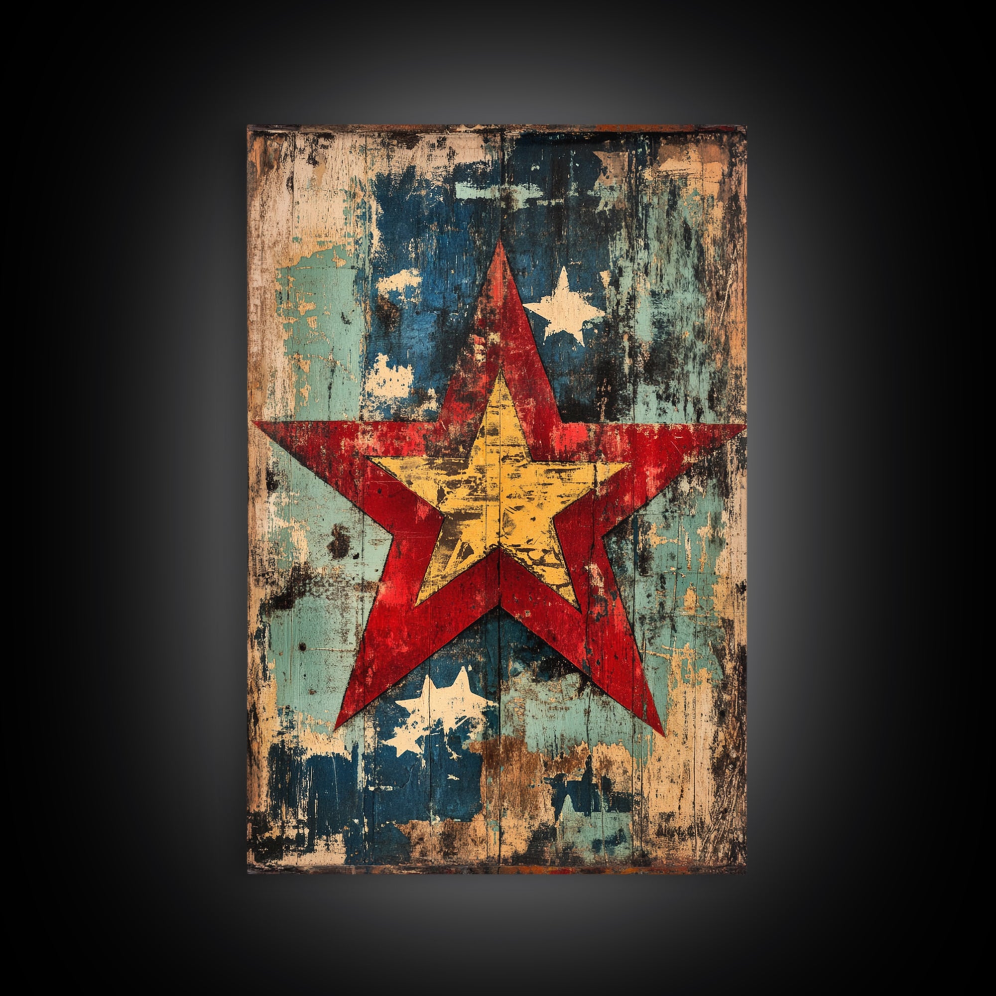 Weathered Red Star Wall Art, Rustic Americana Wood Panel Canvas Print, Patriotic Farmhouse Decor For Living Room Home Decor