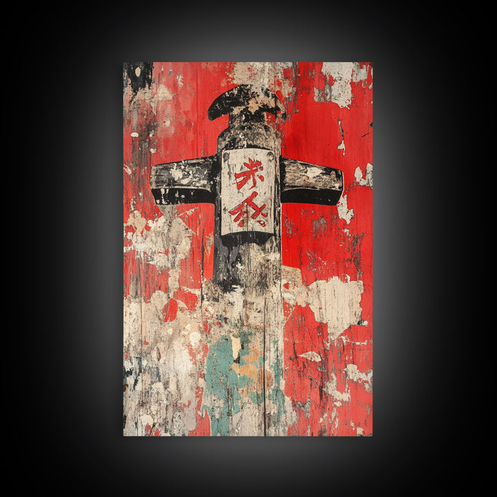 Weathered Japanese Signpost On Red Plaster Wall Art, Rustic Asian Print, Wabi Sabi Decor, Bold Entryway Canvas, Home Decor