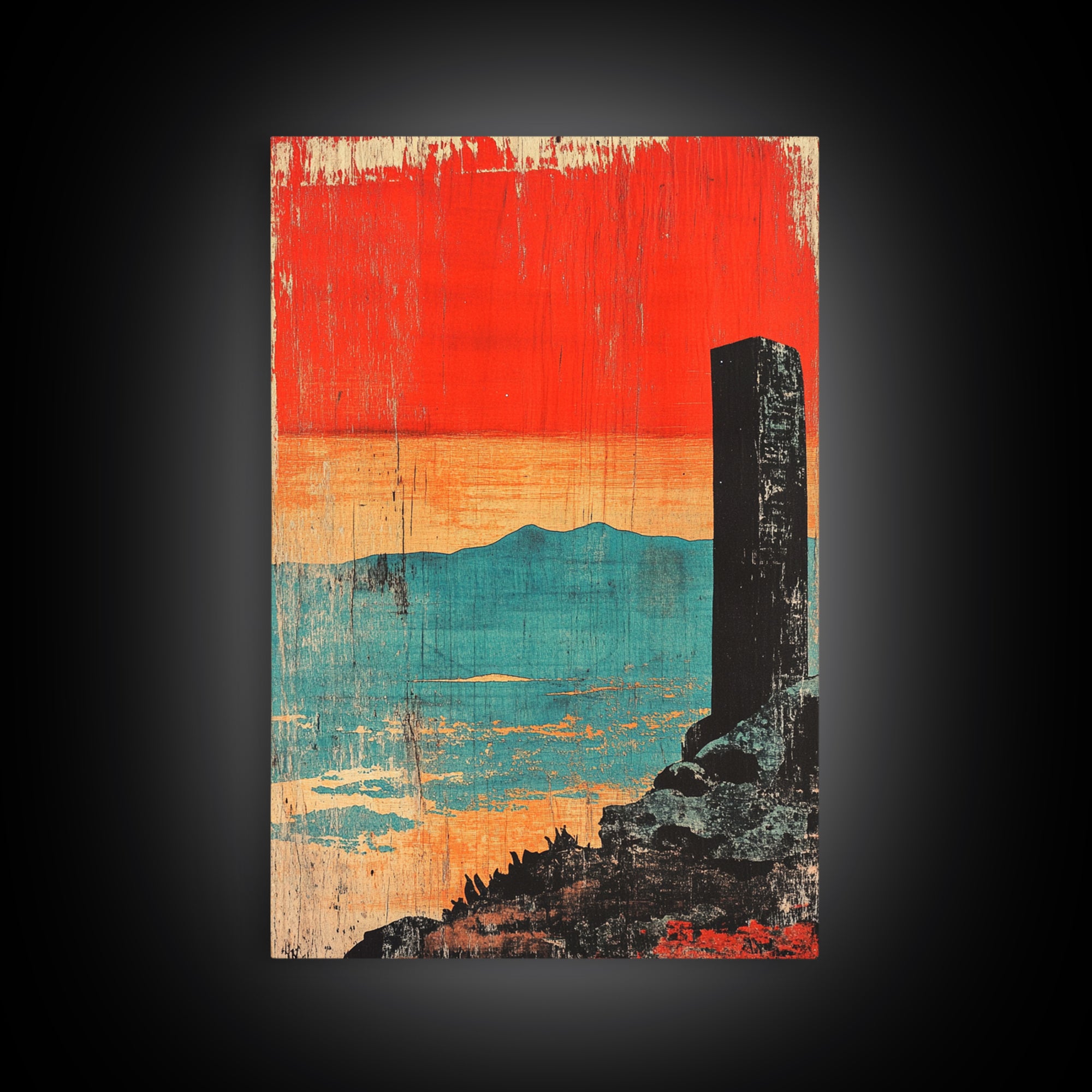 Orange Sunset Over Turquoise Sea Wall Art, Minimal Japanese Landscape Print, Coastal Zen Decor, Modern Living Room Art, Gift