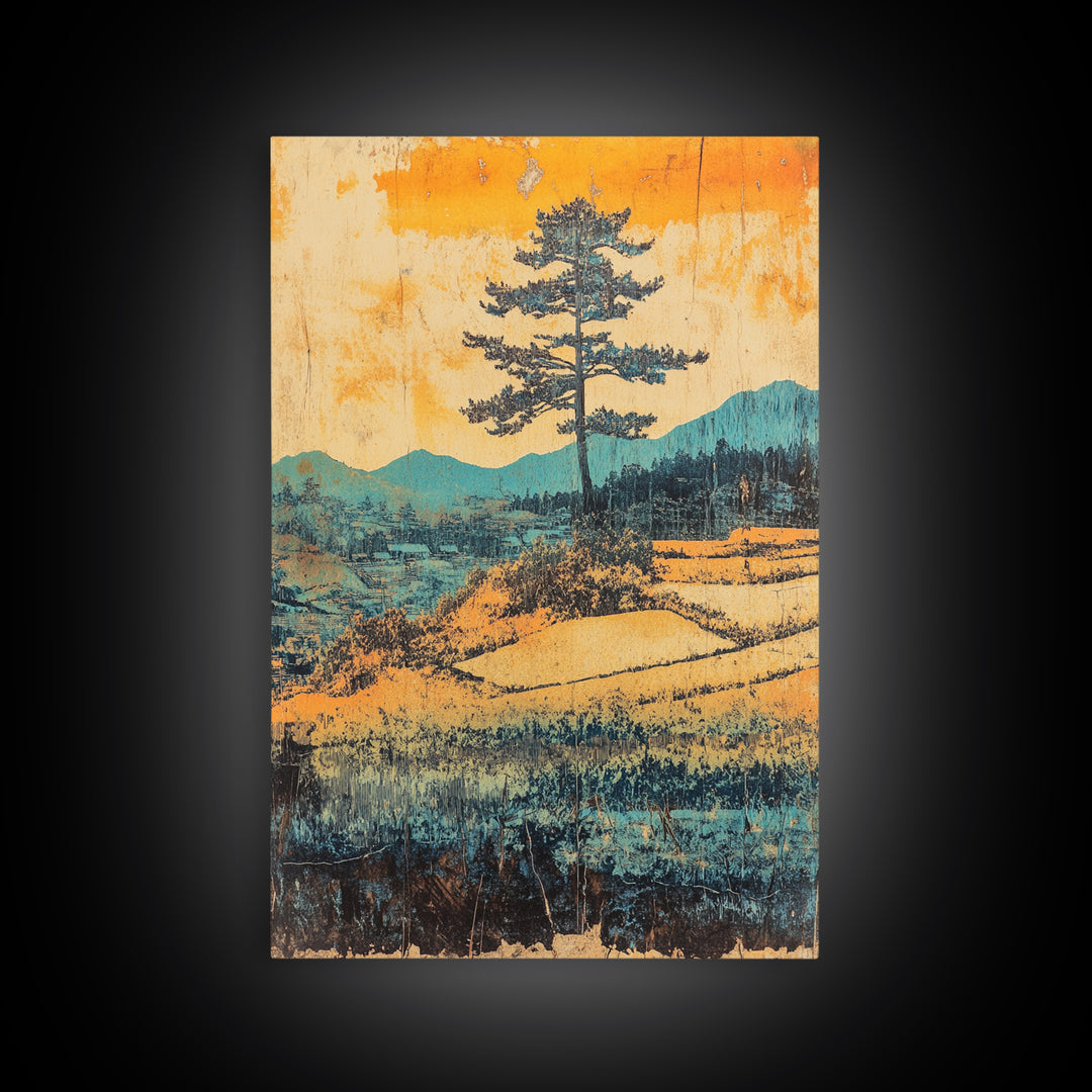Lone Pine Above Terraced Fields Wall Art, Japanese Mountain Landscape Print, Rustic Nature Decor, Serene Farmhouse Art, Gift