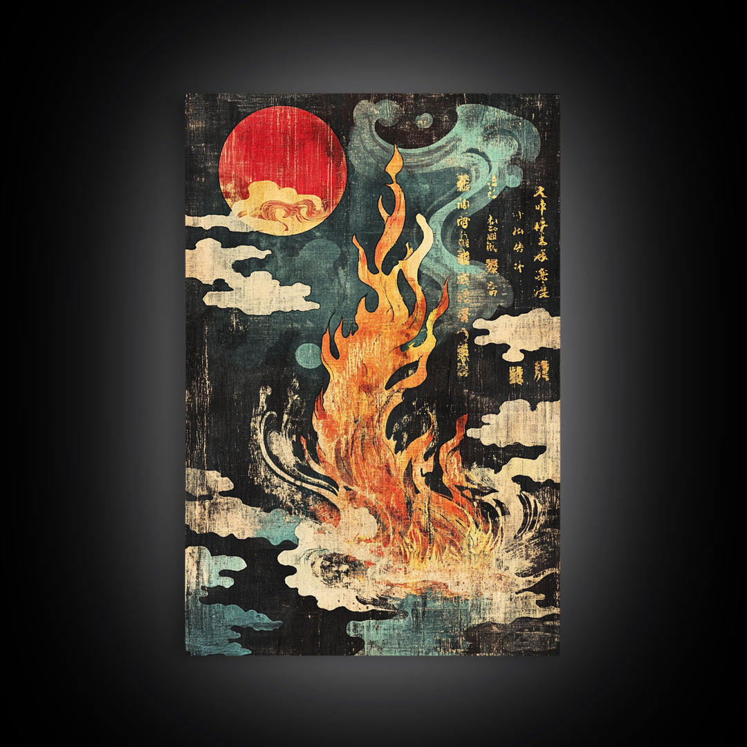 Mystic Fire Under Red Moon Canvas Print, Japanese Folklore Wall Art, Celestial Fantasy Decor, Dark Zen Statement Print, Gift