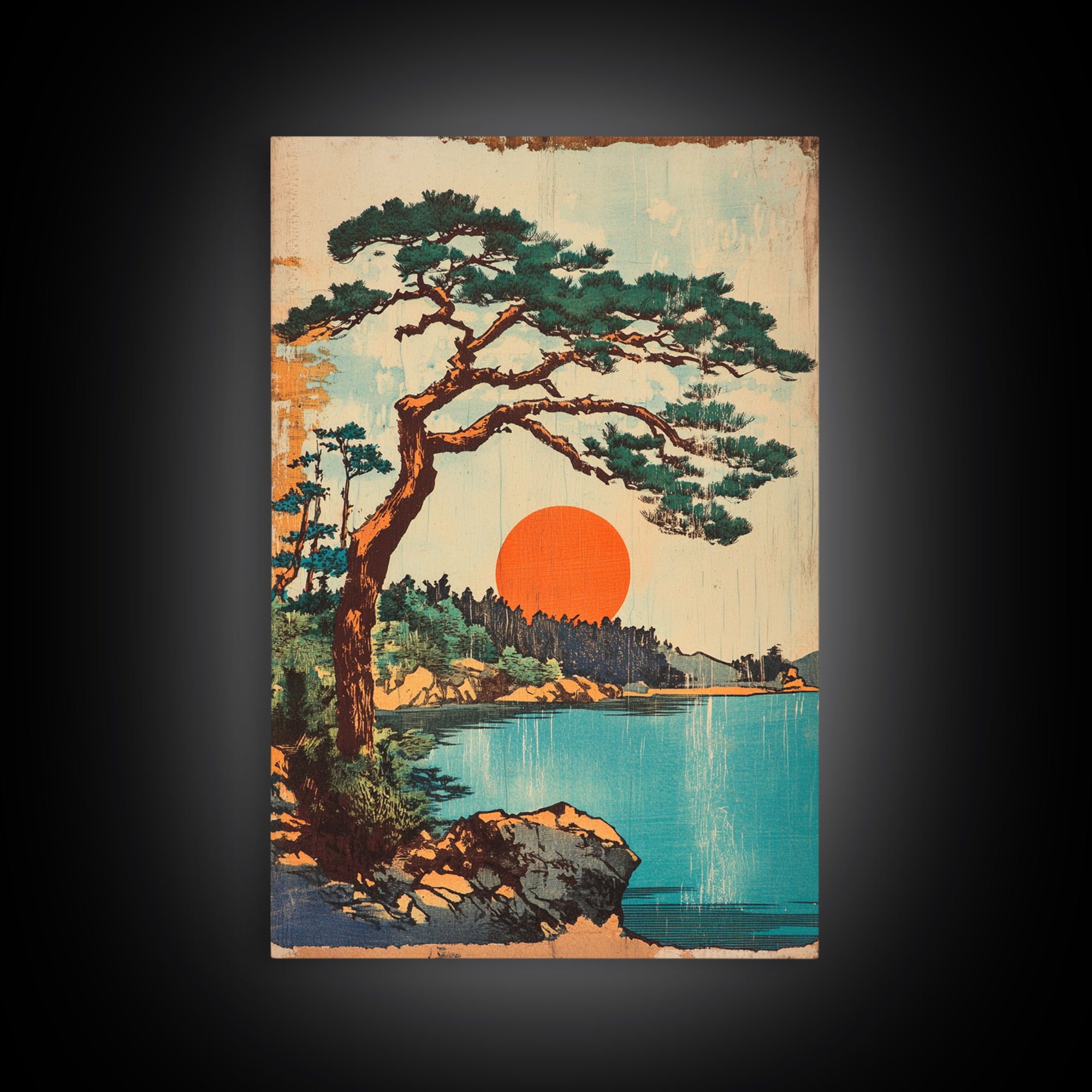 Lakeside Pine At Orange Sun Framed Canvas Print, Japanese Landscape Wall Art, Coastal Cabin Decor, Serene Nature Home Decor