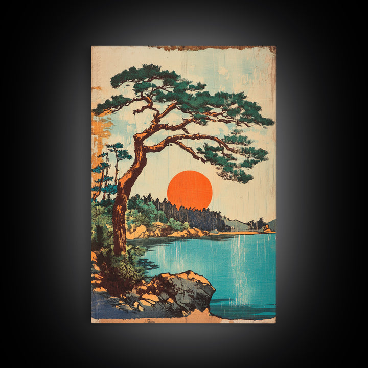 Lakeside Pine At Orange Sun Framed Canvas Print, Japanese Landscape Wall Art, Coastal Cabin Decor, Serene Nature Home Decor