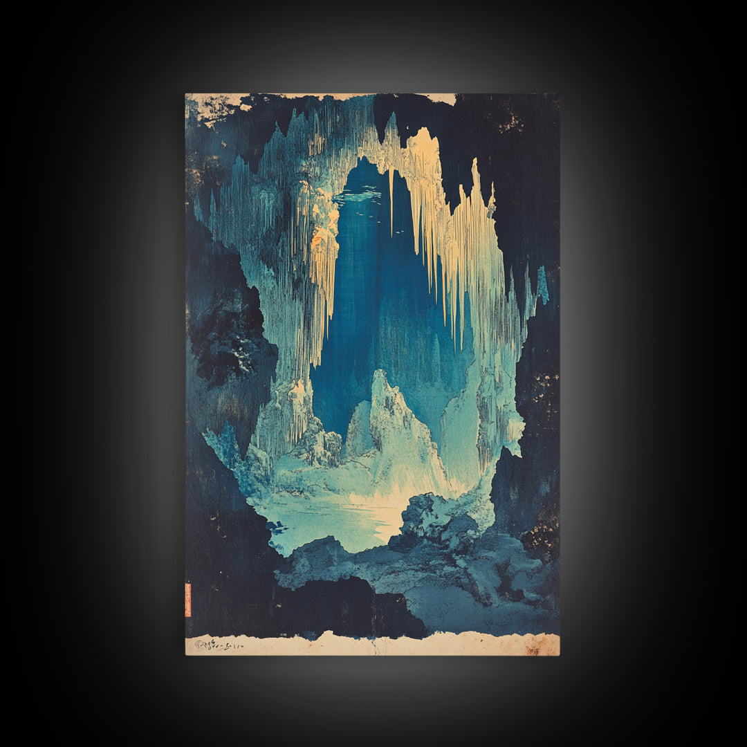 Blue Ice Cave With Glowing Cavern Lake Framed Canvas Print, Fantasy Landscape Wall Art, Moody Nature Decor, Unique Office Art