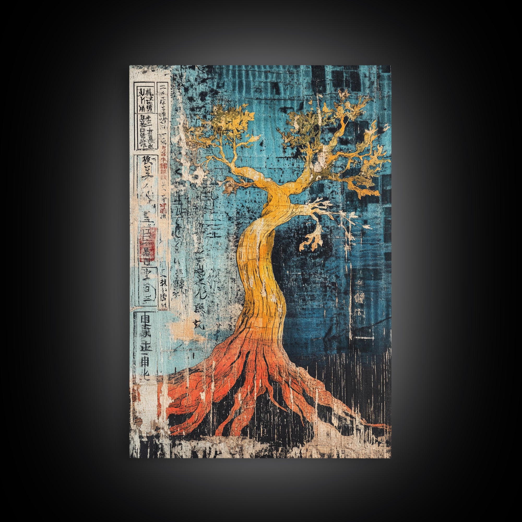 Golden Tree With Red Roots On Blue Canvas Print, Japanese Botanical Wall Art, Abstract Nature Decor, Organic Modern Home Decor