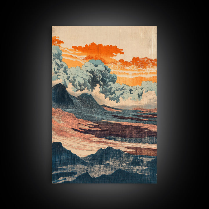 Orange Clouds Over Abstract Sea And Hills Wall Art, Japanese Landscape Print, Mid Century Modern Decor, Boho Living Room Art