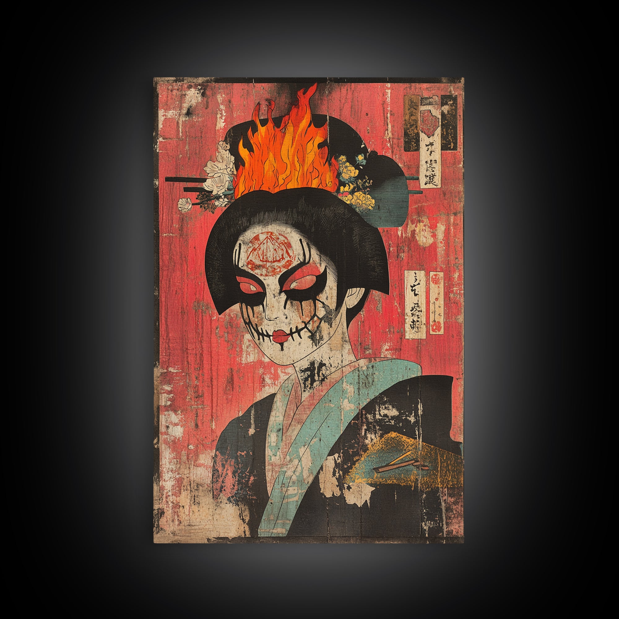 Gothic Geisha Skull With Flaming Headdress Canvas Print, Japanese Dark Wall Art, Surreal Portrait Decor, Moody Maximalist Art