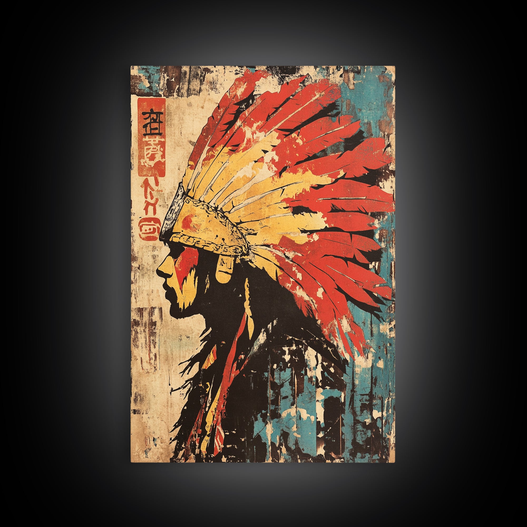 Indigenous Warrior Headdress Canvas Print, Tribal Wall Art, Southwestern Decor, Cultural Art Print, Bold Western Home Decor