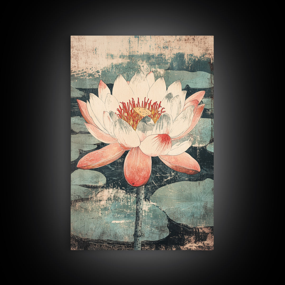 Pink Lotus Flower Botanical Wall Art, Japanese Canvas Print, Water Lily Pond Decor, Japandi Nature Art For Bedroom Decor
