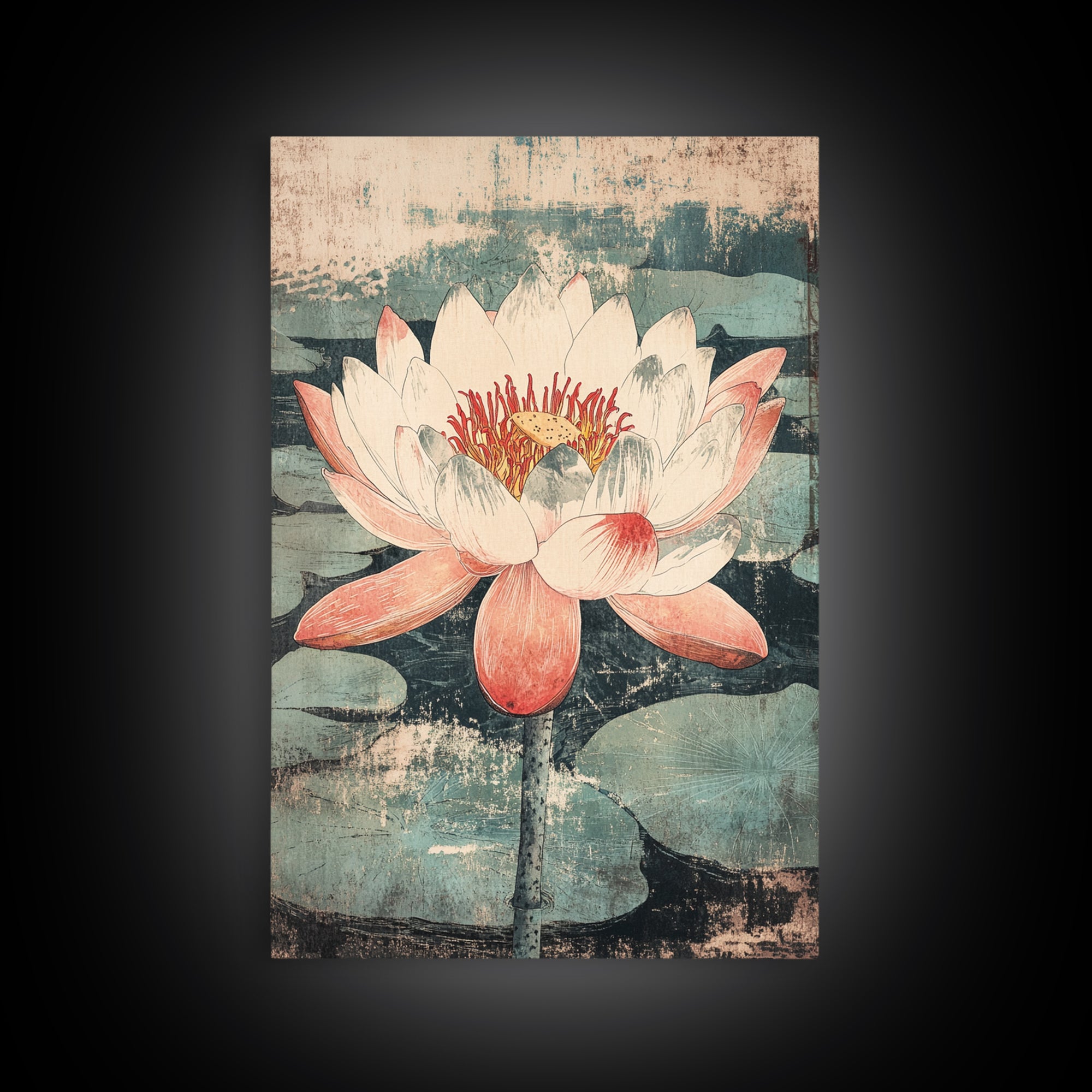 Pink Lotus Flower Botanical Wall Art, Japanese Canvas Print, Water Lily Pond Decor, Japandi Nature Art For Bedroom Decor