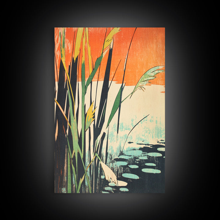 Tall Reeds Orange Sunset Canvas Print, Botanical Wall Art, Japanese Pond Landscape, Nature Decor, Serene Japandi Art Print