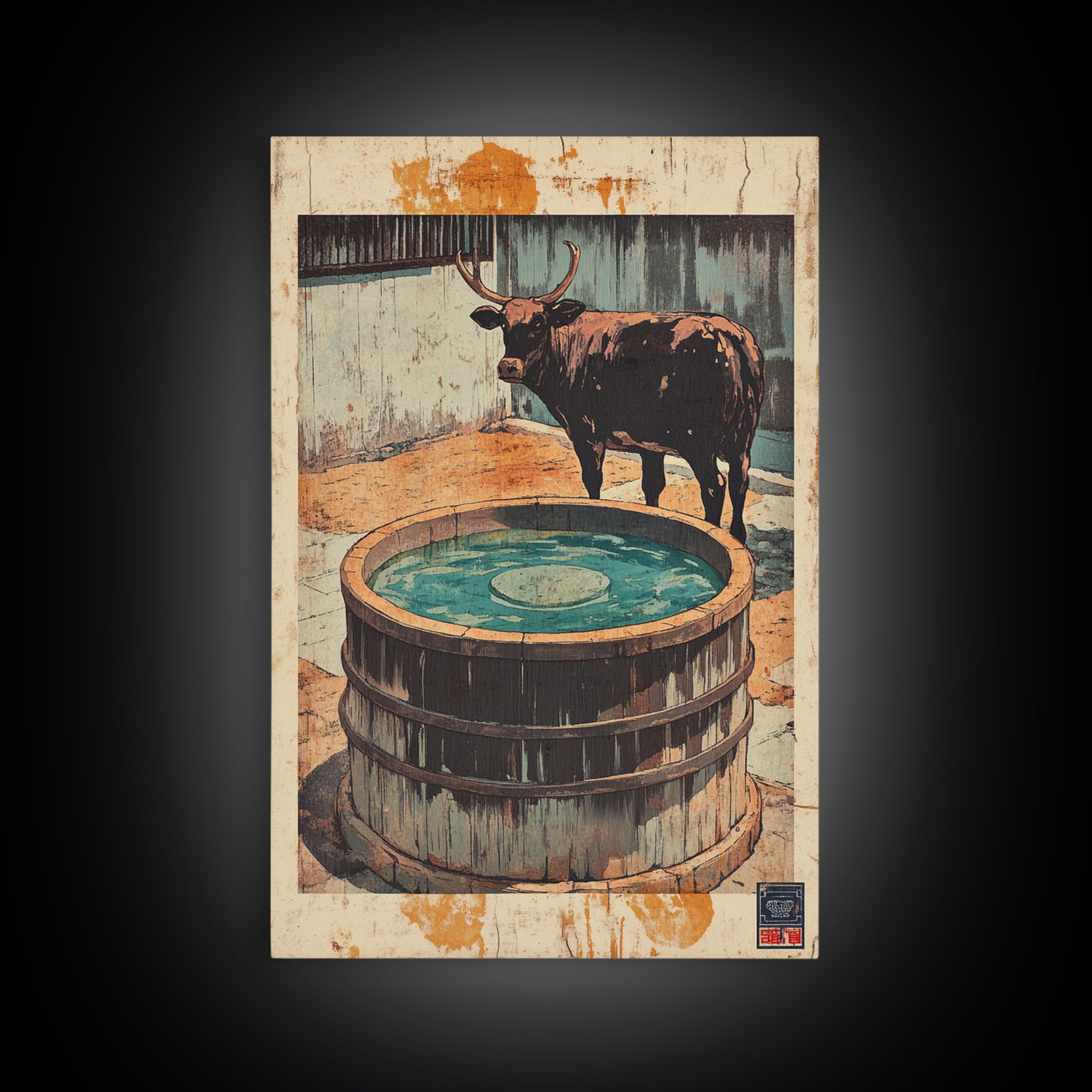 Longhorn Bull Water Trough Canvas Print, Western Wall Art, Rustic Farmhouse Decor, Ranch Animal Art, Country Wall Decor